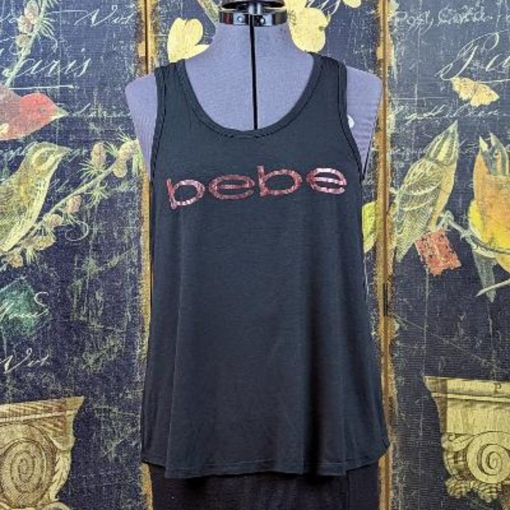bebe Sequin Logo Tank - Black with Pinkish Copper Sequins - Small